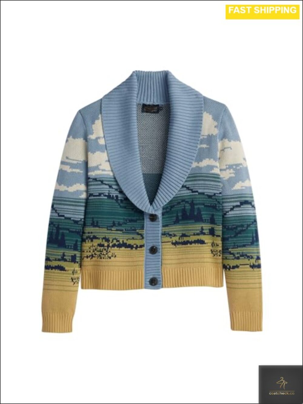 100% Cotton Landscape Knit Shawl Collar Cardigan Sweater